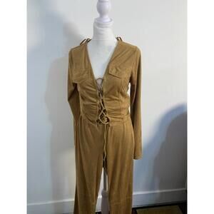 Ladies 2 Piece Pants Set, Faux suede Brown, High Rise Wide Leg Tie front Small
